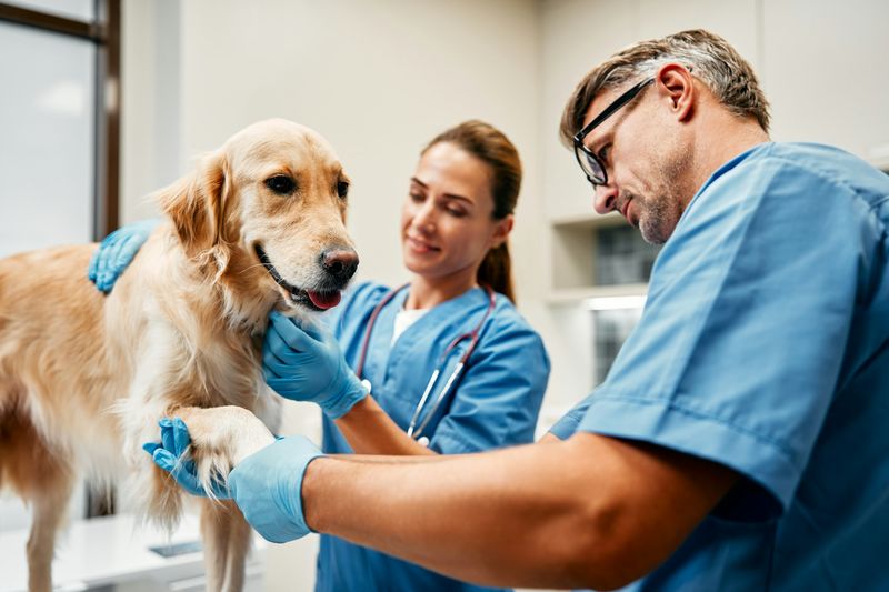 auxiliar veterinário efetuando pré atendimendo em cão em mesa cirugica supervisionado por médica veterinária